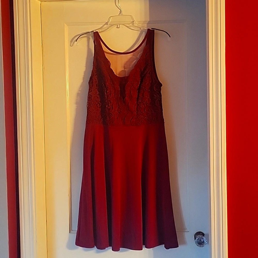 Women's Lace Patchwork High Waist Cocktail Party A-Line Midi Dress L Wine Red
